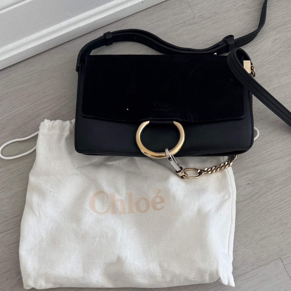 Chloe Black Crossbody Bag with Gold Ring & Chain